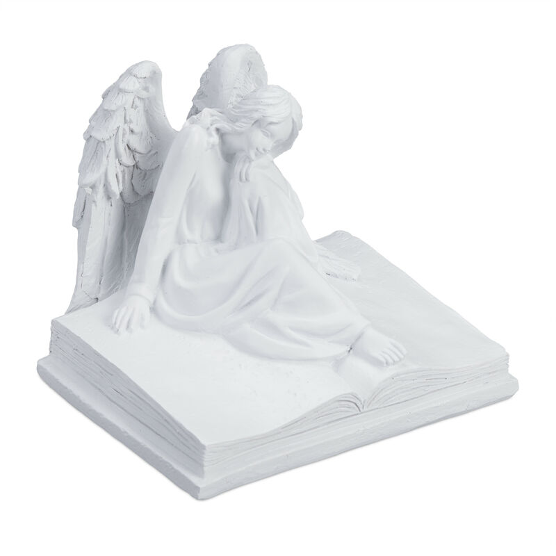 foto del prodotto statuetta angelo custode seduto, statua commemorativa resistente al gelo, per giardino, poliresina, bianco relaxdays