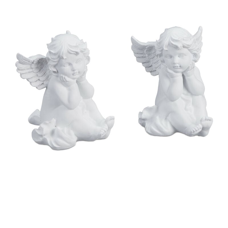 foto del prodotto statuetta angelo seduto, set da 2, statua commemorativa resistente al gelo, per giardino, poliresina, bianco relaxdays