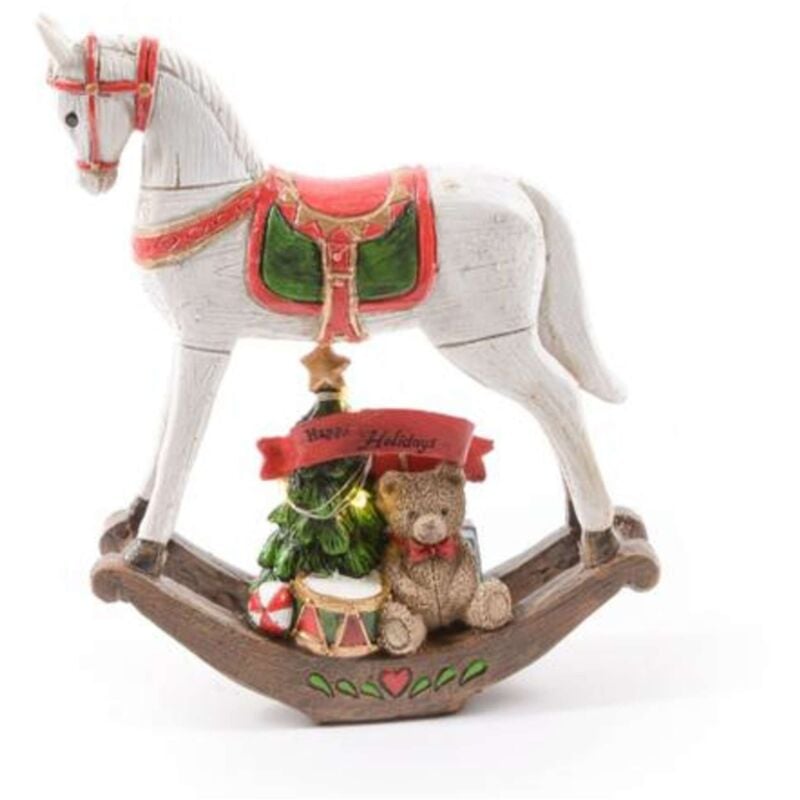 foto del prodotto statuetta cavallo a dondolo effetto legno con colori natalizi in resina grande