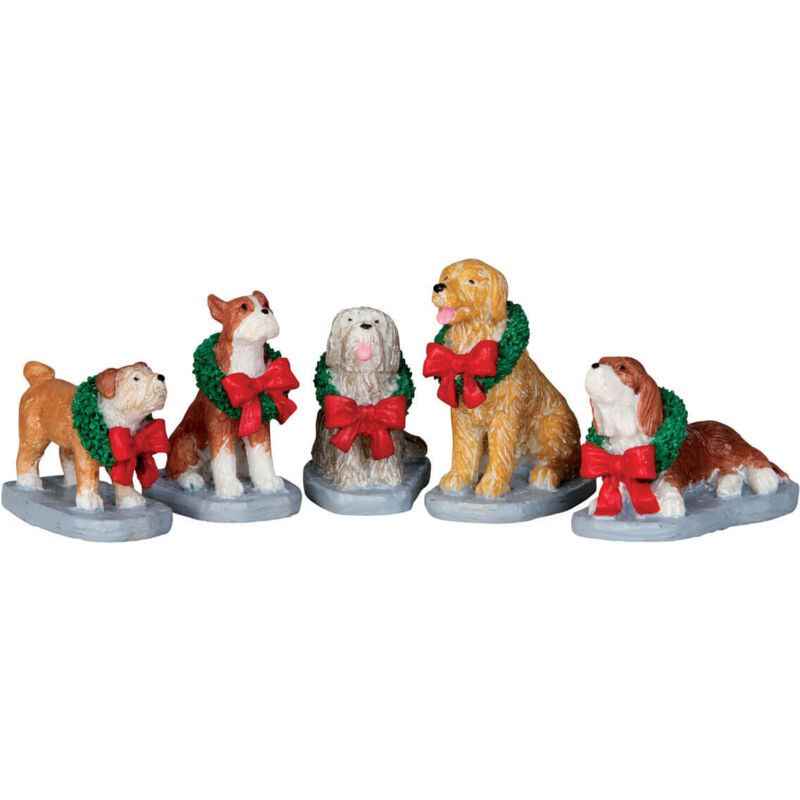 foto del prodotto statuette per villaggio di natale cagnolini in costume set da 5 pezzi, in poliresina
