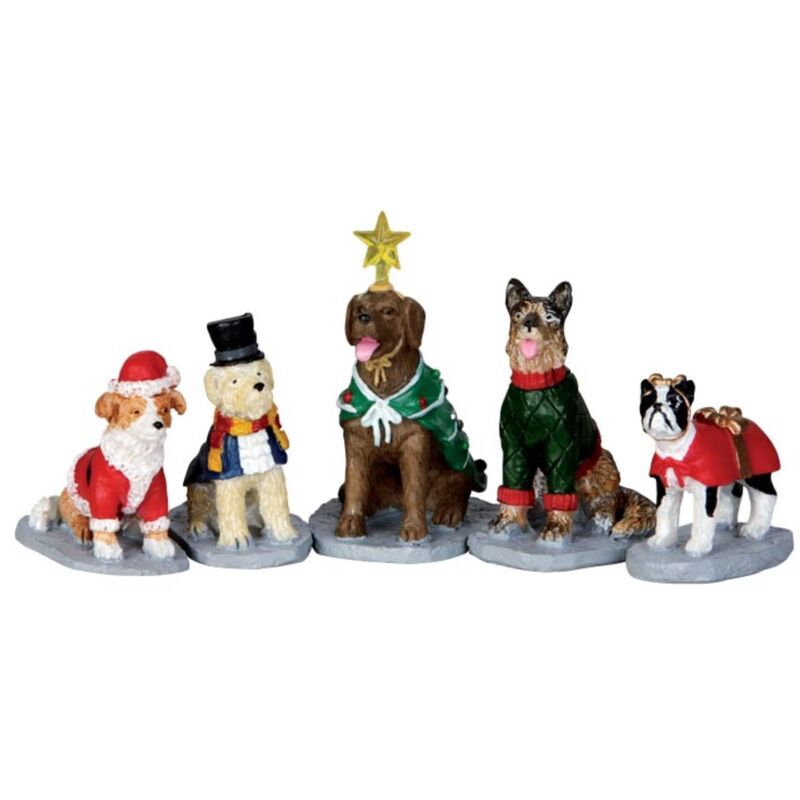 foto del prodotto statuette per villaggio di natale cani in costume set da 5 pezzi, in poliresina