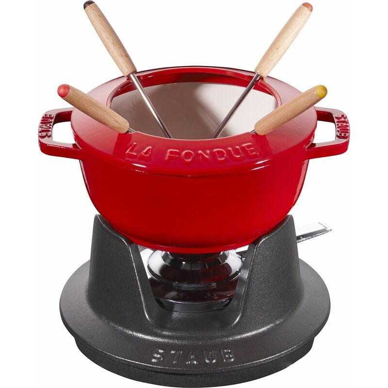 foto del prodotto staub set fonduta con 4 forchette, adatto per fonduta di formaggio, cioccolato e carne, ciliegia, 16 cm
