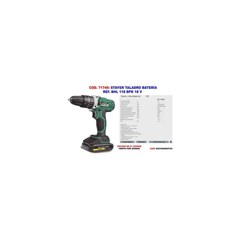 foto del prodotto stayer iberica trapano avvitatore a batteria stayer bhl 118 bpk 18 v