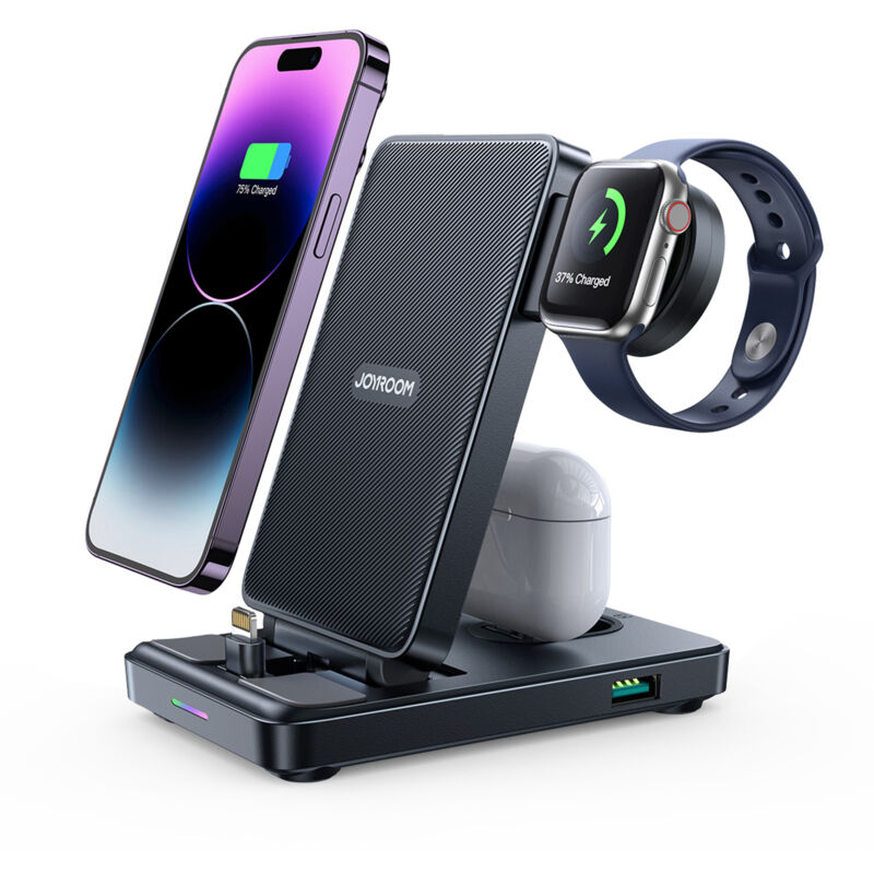 foto del prodotto stazione di ricarica 4in1 per iphone airpods apple watch usb a, pieghevole, nera