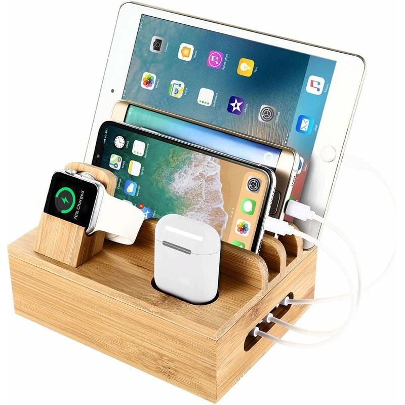 foto del prodotto stazione di ricarica in bamb , supporto da scrivania e stazione di ricarica per pi dispositivi, stazione di ricarica per cellulare tablet apple