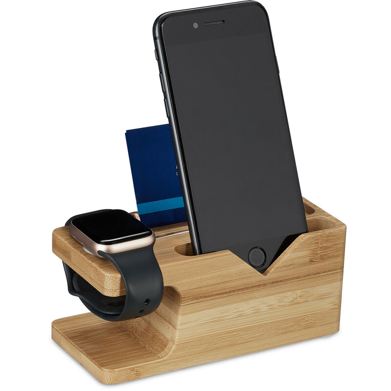 foto del prodotto stazione di ricarica multipla, docking station bamb per apple watch e smartphone, 6 x 14 x 6,5 cm, naturale relaxdays