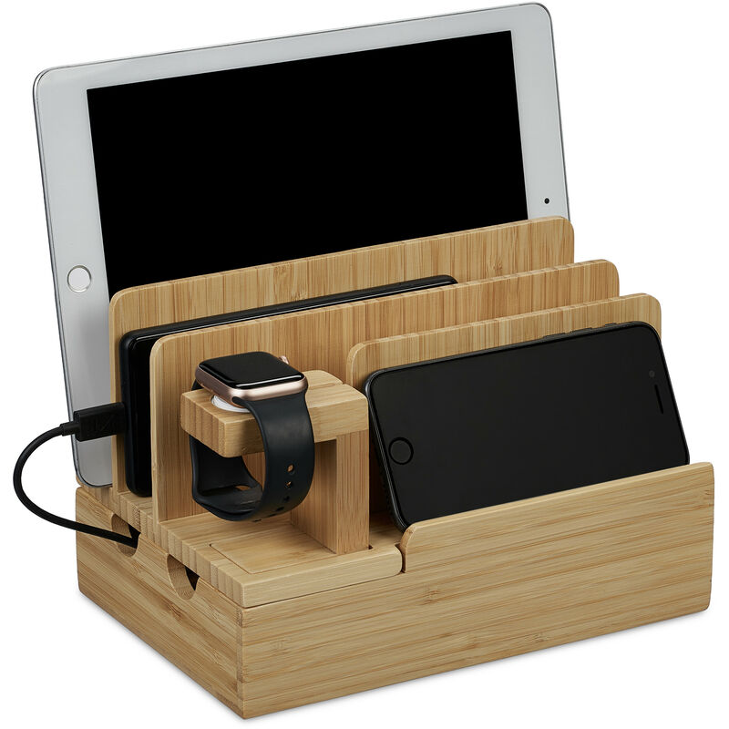 foto del prodotto stazione di ricarica multipla, docking station per apple watch, tablet e smartphone, 15x21,5x15 cm, naturale relaxdays