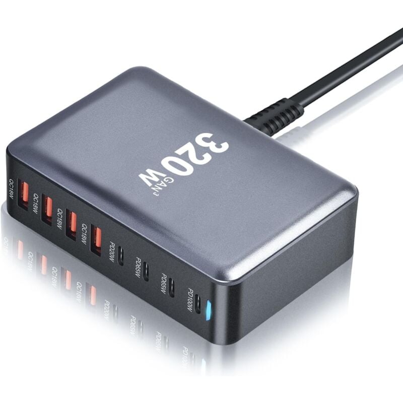 foto del prodotto stazione di ricarica rapida gan iii da 320 w, 8 porte usb c, hub, blocco caricabatterie pd, adattatore di alimentazione da parete portatile con 4