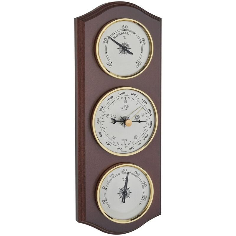 foto del prodotto stazione meteo analogica, 20.1000.03, con barometro, termometro, igrometro, per previsioni meteo locali, in legno massiccio, color noce tfa dostmann