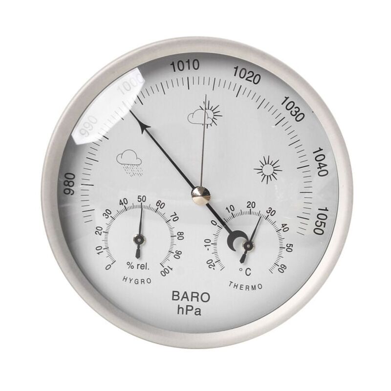 foto del prodotto stazione meteo analogica ulisem per interni ed esterni con struttura in acciaio inox e design elegante, composta da barometro, igrometro e termometro