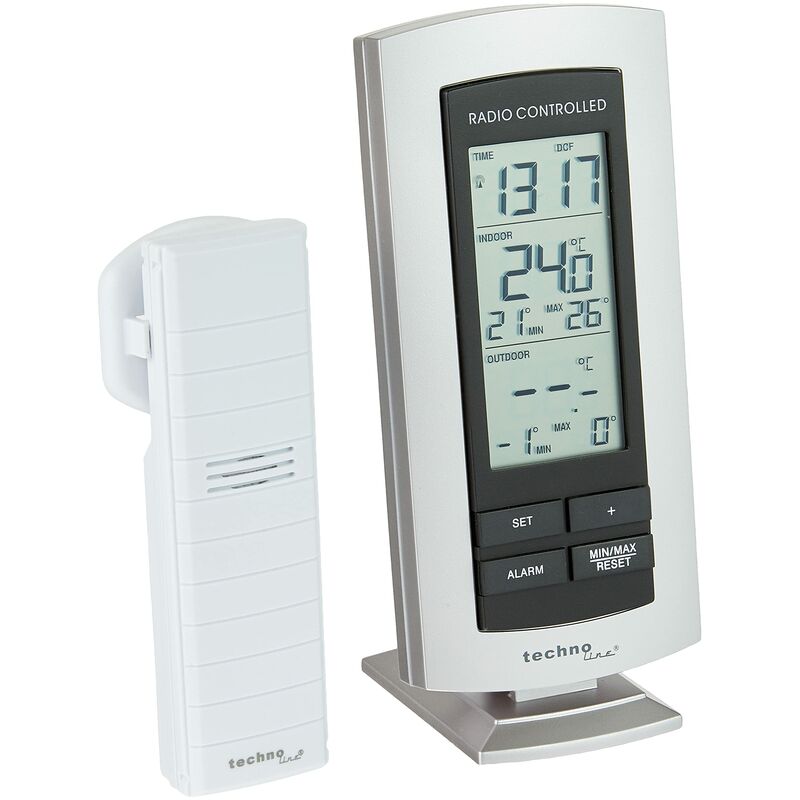 foto del prodotto stazione meteo classica ws 9140 con radiosveglia, visualizzazione della temperatura interna ed esterna, argento, 7,3 x 2,5 x 15,8 cm technoline