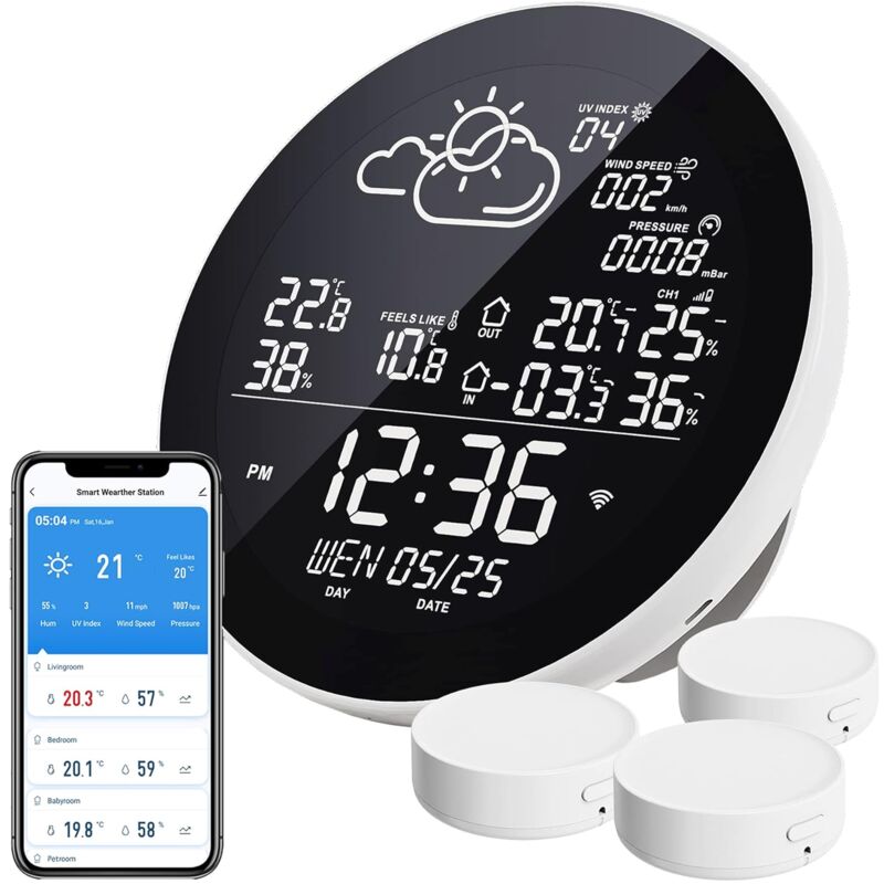 foto del prodotto stazione meteo wifi, termometro wireless interno esterno con 3 sensori esterni, display lcd