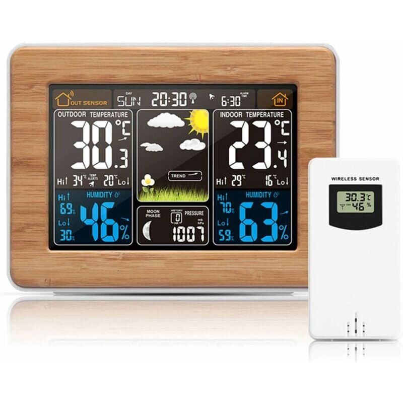 foto del prodotto stazione meteo wireless con barometro previsioni meteo allerta, schermo a colori orologio multifunzione per interni esterni termometro igrometro