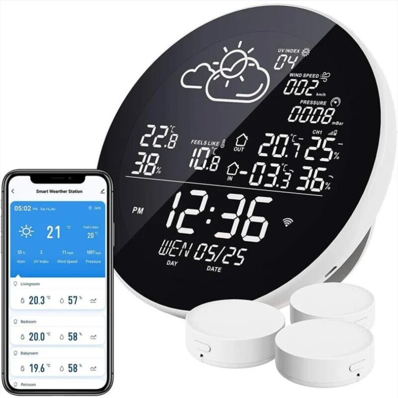 foto del prodotto stazione meteo wireless wlan con 3 sensori esterni termometro igrometro stazione meteo wireless compatibile con app smart life, google weather sync,