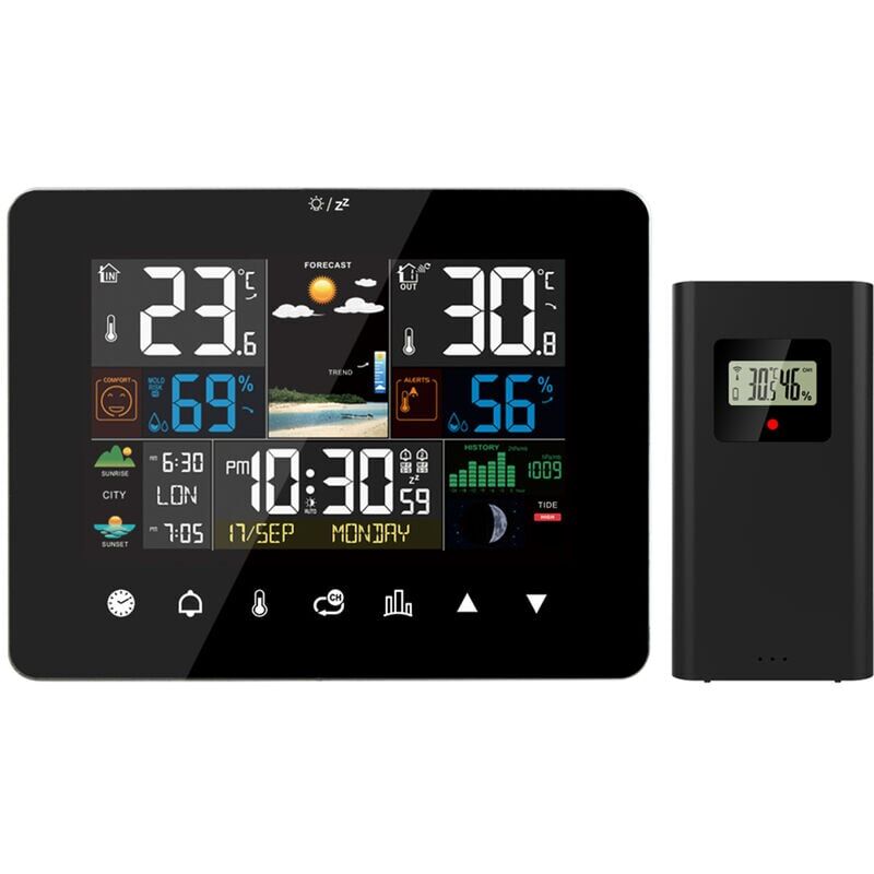 foto del prodotto stazione meteorologica alba tramonto sveglia multifunzione termometro igrometro touch screen con sensore esterno wireless, nero