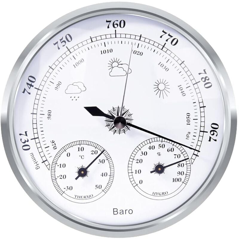 foto del prodotto stazione meteorologica analogica stazione meteorologica analogica per interni ed esterni composta da barometro, termometro e igrometro argento,