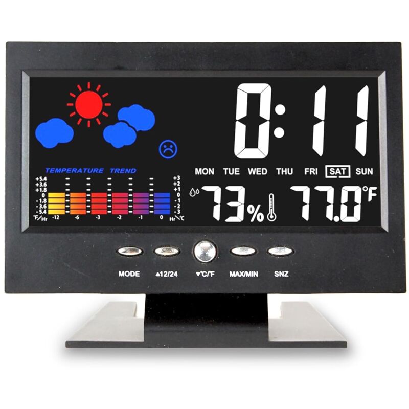 foto del prodotto stazione meteorologica con previsioni meteo, schermo lcd a colori animato, livello di umidit , funzione sveglia e snooze, ora, data e giorno della