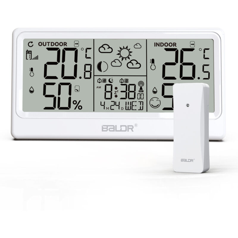 foto del prodotto stazione meteorologica radio con sensore esterno dcf, orologio radiocontrollato, termometro digitale, igrometro, funzionamento a batteria, per uso