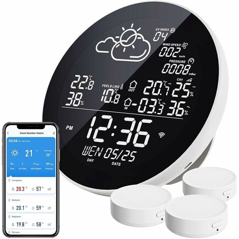 foto del prodotto stazione meteorologica wifi, termometro wireless per interni ed esterni wlan con 3 sensori esterni con display lcd