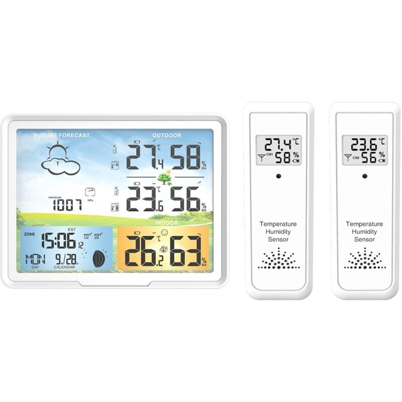 foto del prodotto stazione meteorologica wireless con 2 sensori esterni, orologio radio, sveglia interna ed esterna, temperatura e umidit , stazione meteorologica