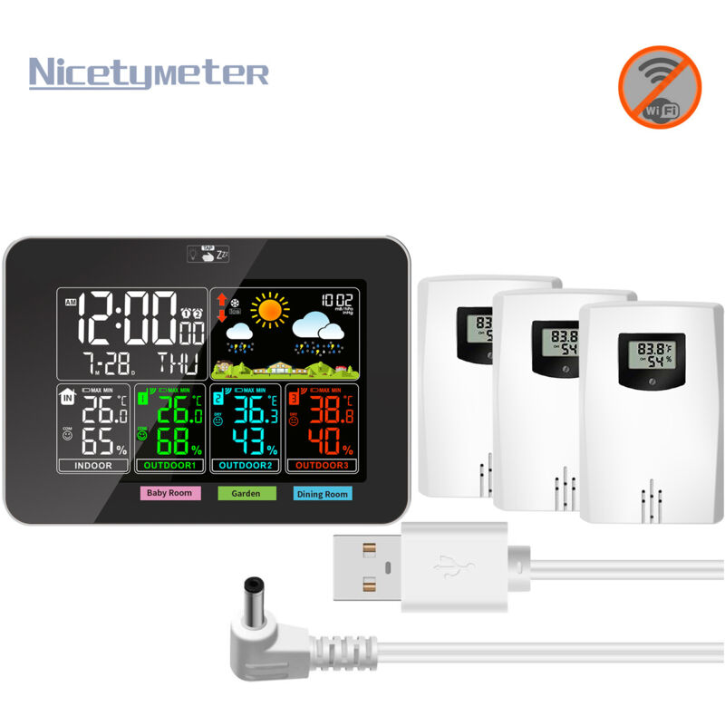 foto del prodotto stazione meteorologica wireless con 3 sensori, termometro igrometro digitale per interni esterni, display lcd a colori, con calendario, orologio,