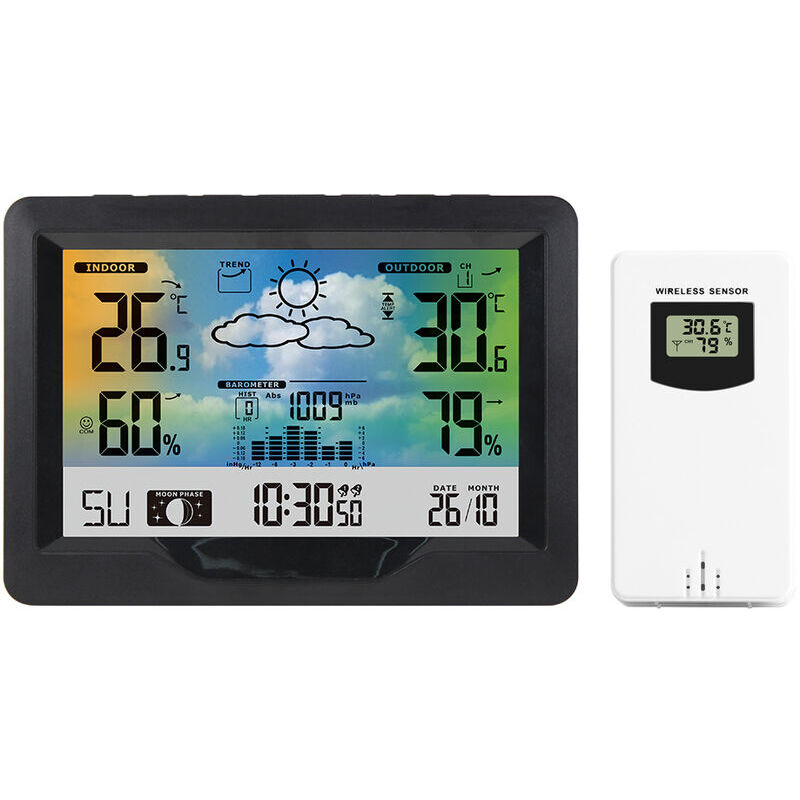foto del prodotto stazione meteorologica wireless con schermo a colori, stazione meteorologica per interni ed esterni, con sensore esterno, display digitale di
