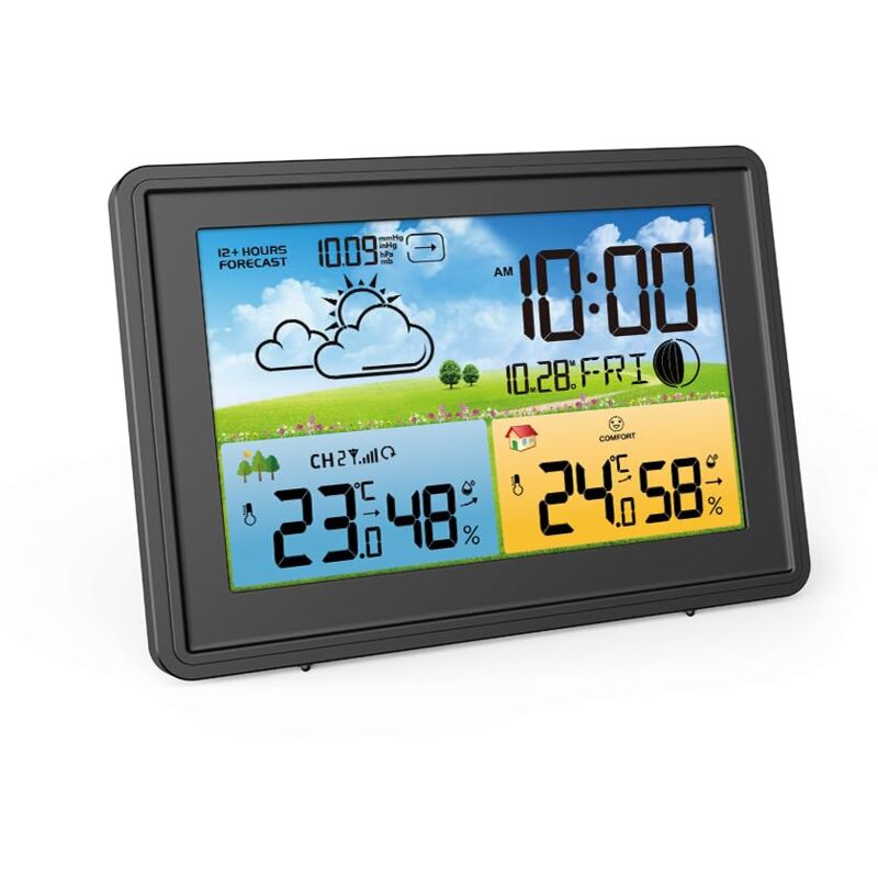 foto del prodotto stazione meteorologica wireless con sensore esterno con adattatore, stazione meteorologica con radiosveglia digitale per interni e termometro esterno