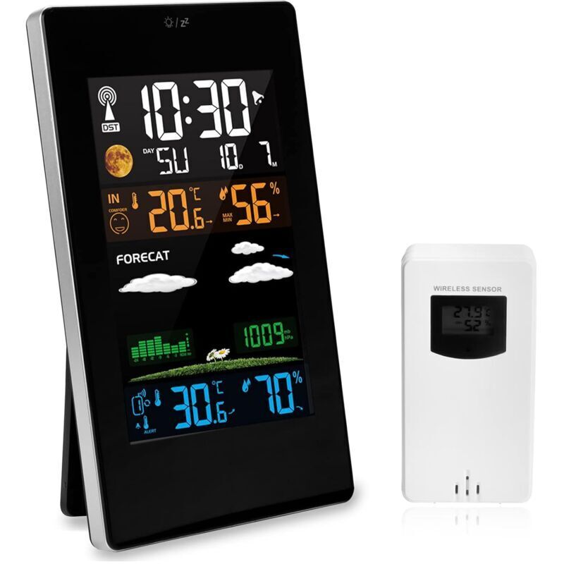 foto del prodotto stazione meteorologica wireless con sensore esterno, display digitale multifunzione a colori con radio dcf, termometro igrometro per interni ed
