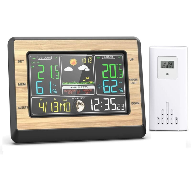 foto del prodotto stazione meteorologica wireless con sensore esterno, termometro interno ed esterno, igrometro, barometro, display lcd con sveglia, data, previsioni