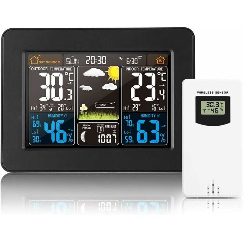 foto del prodotto stazione meteorologica wireless orologio meteorologico digitale colorato con sensore esterno termometro interno ed esterno con data temperatura