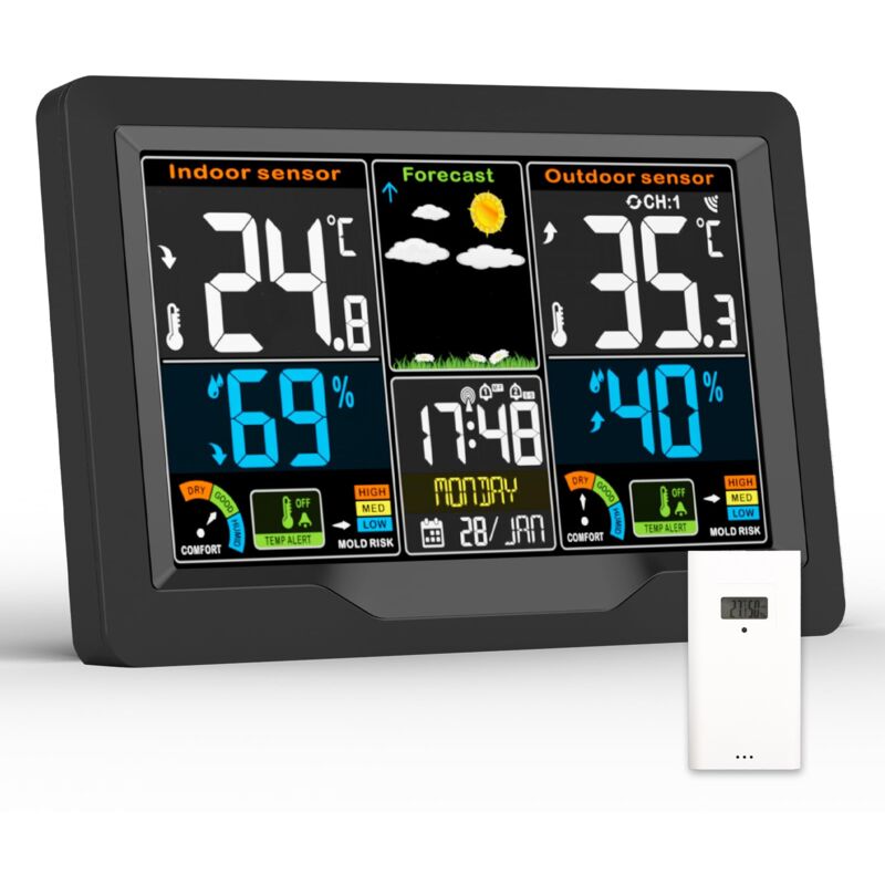 foto del prodotto stazione meteorologica wireless per interni ed esterni con sensore esterno, stazione meteorologica digitale lcd a colori, termometro igrometro,