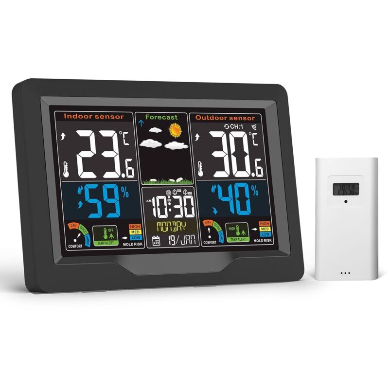 foto del prodotto stazione meteorologica wireless per interni ed esterni con sensore, termometro con display a colori in 4 livelli di luminosit , stazione