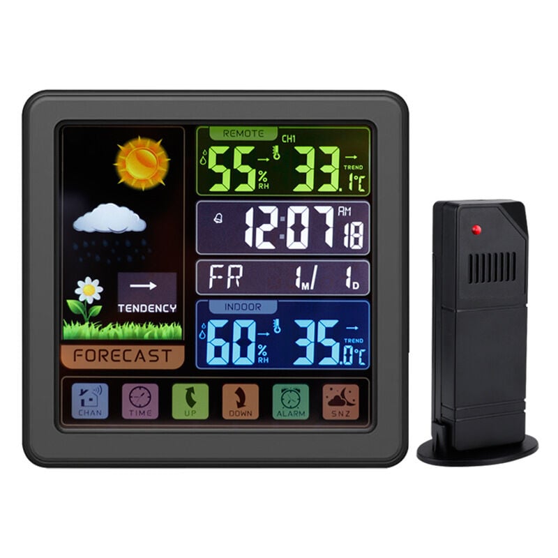 foto del prodotto stazione meteorologica wireless, stazione meteorologica lcd a colori, termometro igrometro esterno per interni con sensore esterno, sveglia nero 