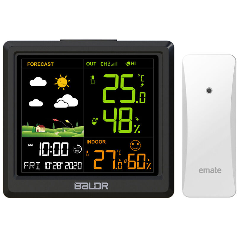 foto del prodotto stazione meteorologica wireless, termometro, igrometro, barometro per uso interno ed esterno, con sensore, retroilluminazione a led, schermo,