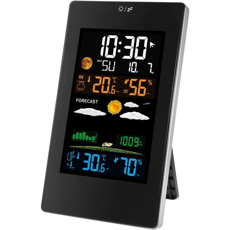 foto del prodotto stazione meteorologica wireless, termometro interno ed esterno, igrometro, barometro, orologio digitale con allarme e sensore esterno,