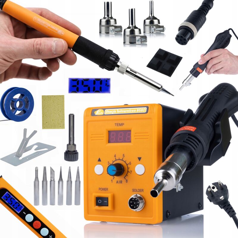 foto del prodotto stazione saldante ad aria calda 858d set saldatore di precisione 11in1 con display arancione rottweiler electric s series