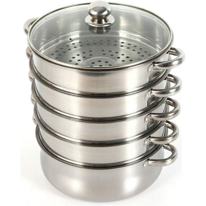 foto del prodotto steamer, pentola a vapore a lunga durata, in acciaio inox, con coperchio in vetro, per la casa 26 cm, 5 strati non adatto per fornelli a induzione 