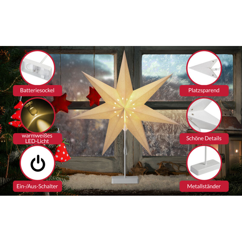 foto del prodotto stella di natale led in carta 60 cm a batteria pieghevole 10 led stelle luminose in 3d con base modell 2 de - casaria