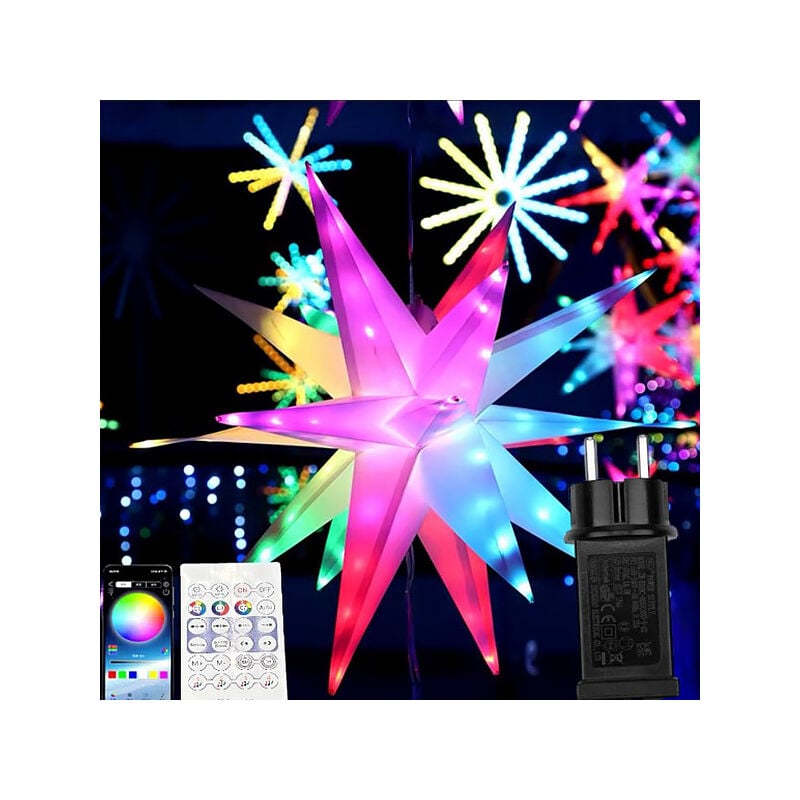 foto del prodotto stella luminosa 3d rgb 60cm gestibile datelecomando e app bluetooth ip44 31v luci per esterni e interni, effetti musicali, decorazioni natalizie
