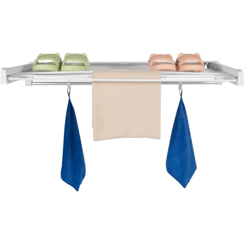 foto del prodotto stendibiancheria a parete, pieghevole, con 7 bastoncini, 4 ganci, coperchio espandibile a 90 gradi, per balcone, lavanderia, bagno, bianco, 84x43.5x6