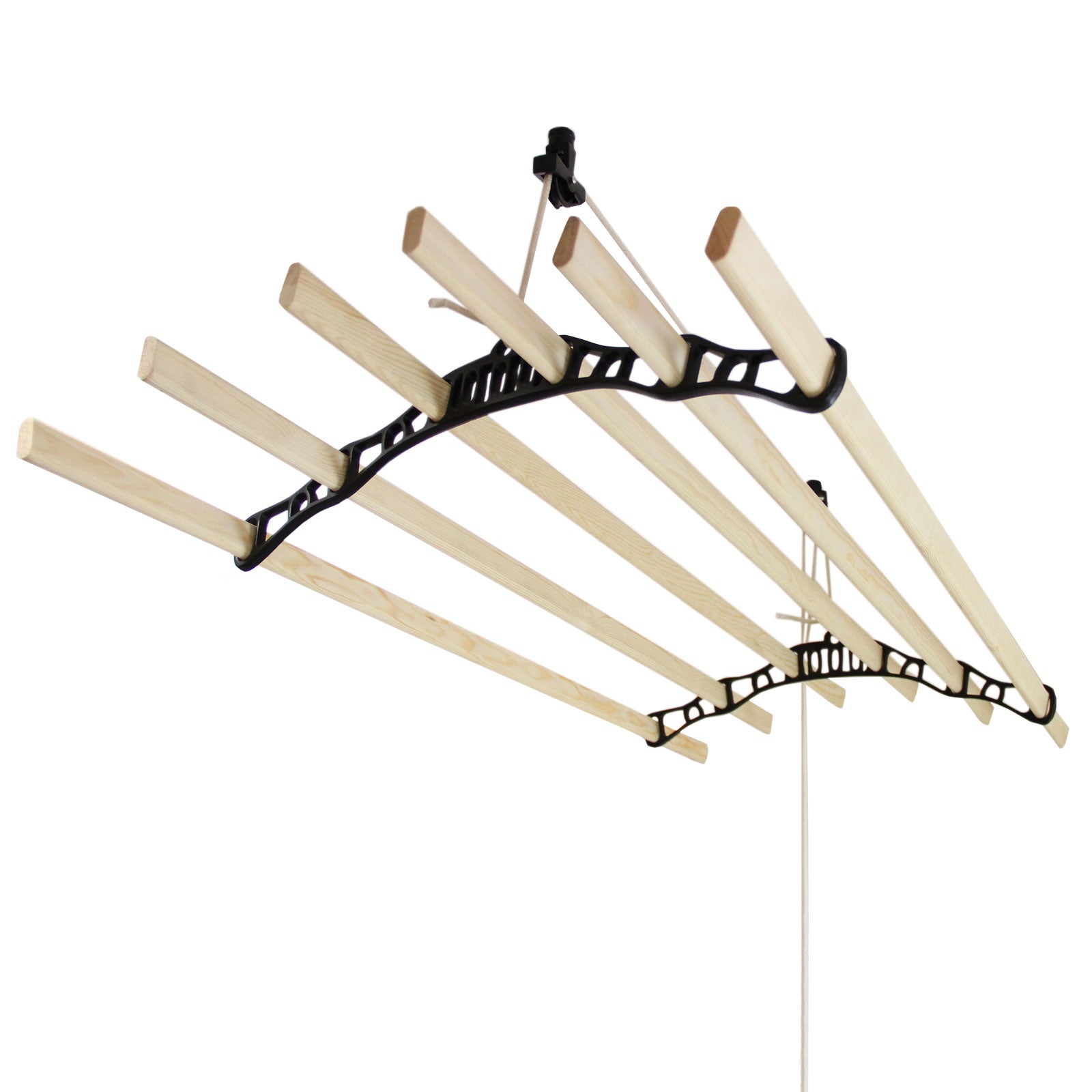 foto del prodotto stendibiancheria da soffitto con 6 stecche legno 150cm e supporti ghisa neri