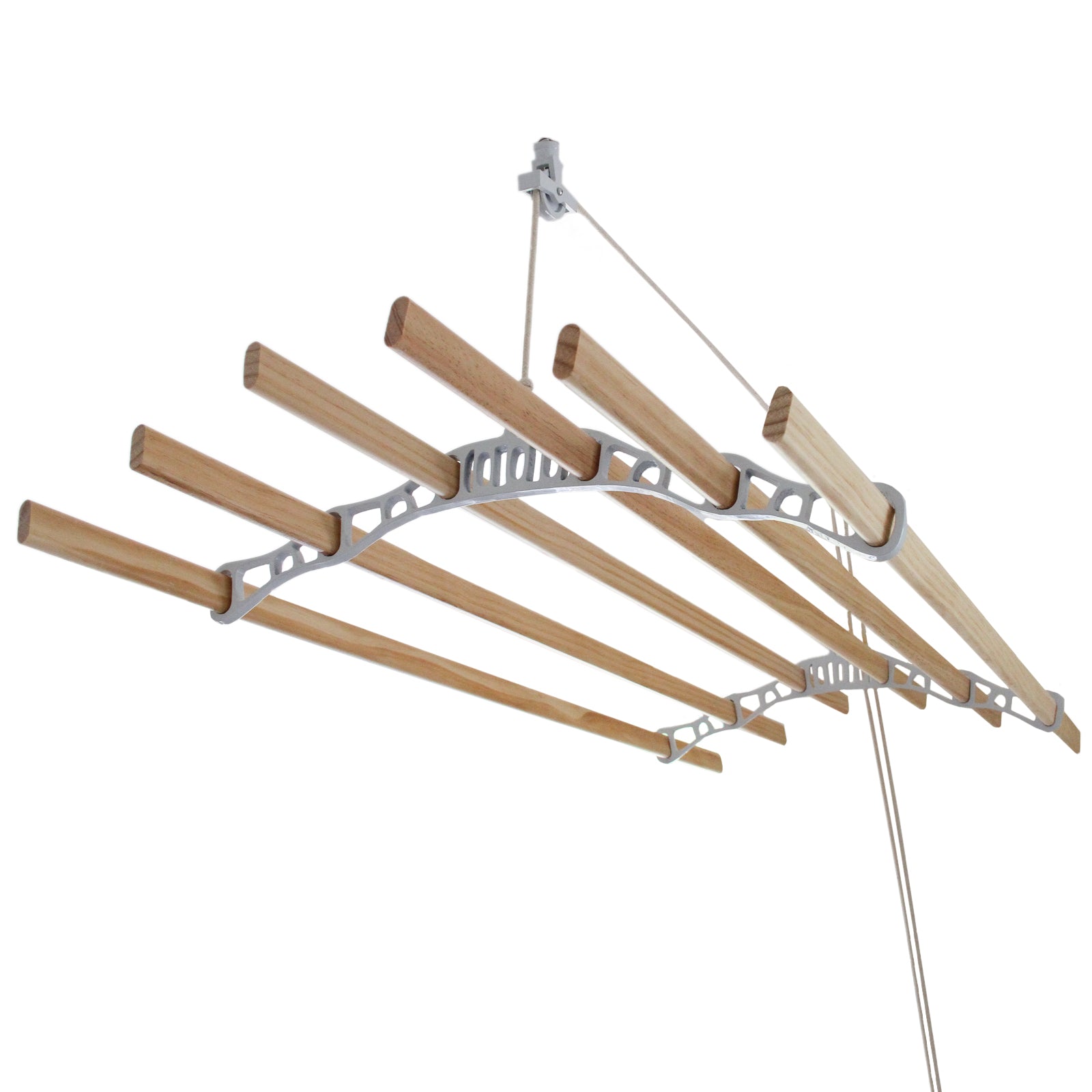 foto del prodotto stendibiancheria da soffitto con 6 stecche legno 180cm e supporti ghisa bianchi