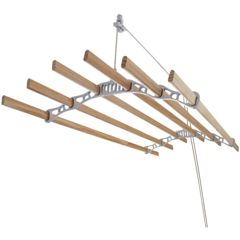 foto del prodotto stendibiancheria da soffitto con stecche in legno e supporti in ghisa per asciugare vestiti e biancheria bianco 200cm