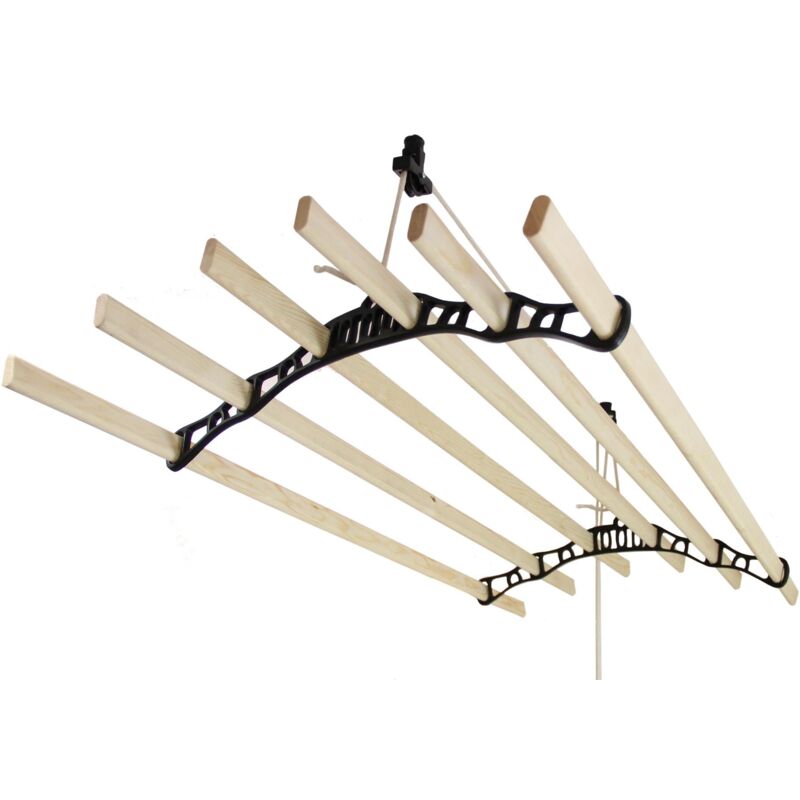 foto del prodotto stendibiancheria da soffitto con stecche in legno e supporti in ghisa per asciugare vestiti e biancheria nero 200cm