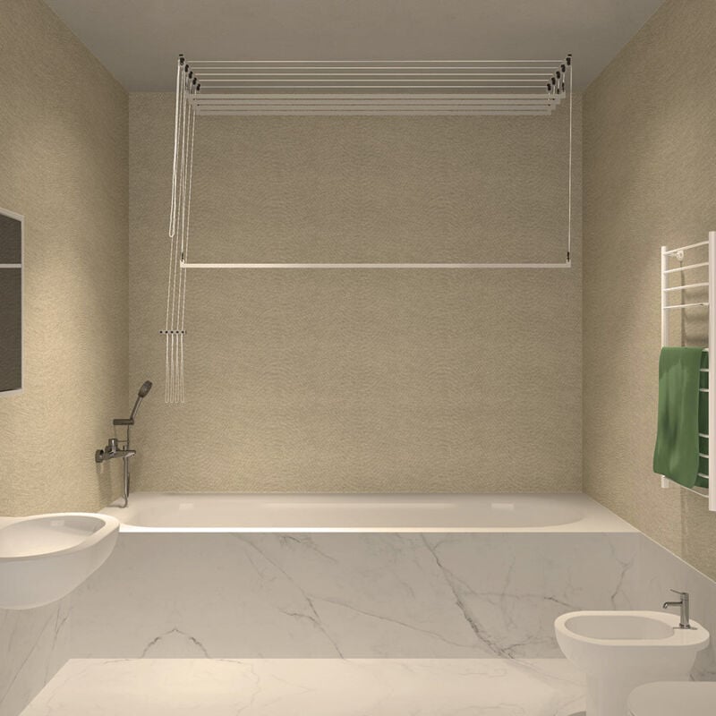 foto del prodotto stendibiancheria da soffitto salvaspazio per interni e esterni con 5 aste da 200cm altezza soffitto 280 cm stendinik