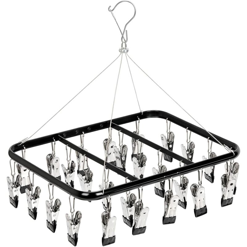 foto del prodotto stendibiancheria nero, stendibiancheria con 26 clip, stendibiancheria resistente, clip per calze per vestiti per bambini, biancheria intima,