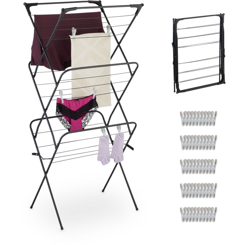 foto del prodotto stendibiancheria verticale pieghevole, stendino a torre con 3 livelli inclinati, 138x63x49 cm, in ferro, nero relaxdays