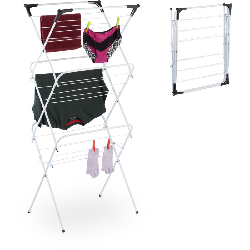 foto del prodotto stendibiancheria verticale, stendino pieghevole a torre con 18 aste per vestiti, 136x62x51 cm, metallo, bianco relaxdays