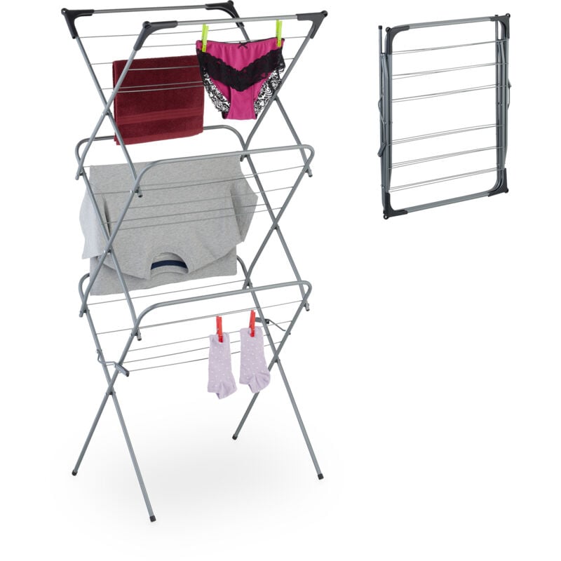 foto del prodotto stendibiancheria verticale, stendino pieghevole a torre con 18 aste per vestiti, 136x62x51 cm, metallo, grigio relaxdays