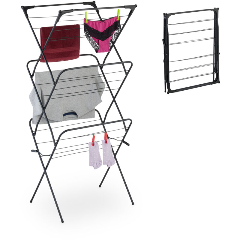 foto del prodotto stendibiancheria verticale, stendino pieghevole a torre con 18 aste per vestiti, 136x62x51 cm, metallo, nero relaxdays